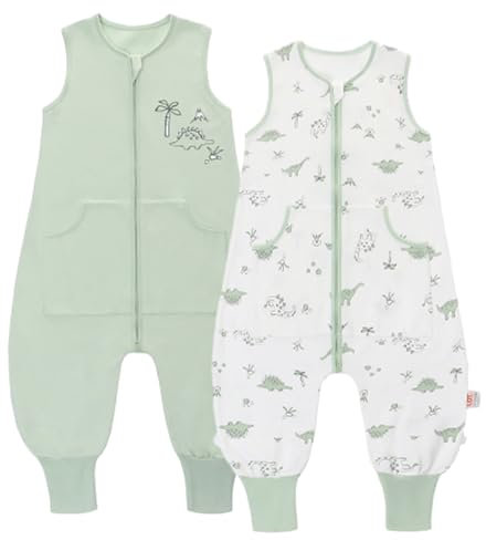 LAT Gigoteuse d'été pour Bébé avec Pieds, 0,5 TOG Sac de Couchage pour Bébé, 100% Coton Turbulette d'été Gigoteuse avec Jambes pour Bébé (Dinosaure+Vert, XL)