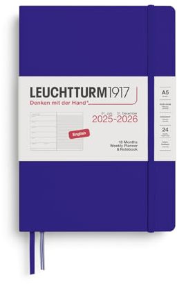 LEUCHTTURM1917 372801 Agenda settimanale e taccuino medio (A5) 2026, 18 mesi 07.2025-12.2026, Ink, Copertina rigida, Inglese