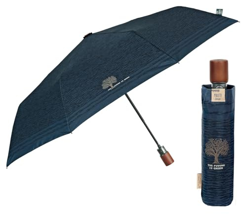 PERLETTI GREEN Herren Regenschirm Automatik mit Holzgriff - Jungen Kompakter Taschenschirm Recyceltem Stoff - Regen Schirm Windfest Sturmfest Windsicher Winddicht - Durchmesser 96 cm