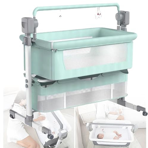 Elektrisches Bluetooth Smart Next to Me-Kinderbett, multifunktionales Babybett, höhenverstellbares Babybett, Babywiege mit Matratze, Aufbewahrungskorb und Moskitonetz,Green