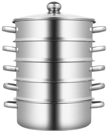 LANNADD Dampfgarer, 5 Etagen Kochtopf Set Steamery 26cm mit Robusten Griffen, Dampfkocher Dampfkochtopf mit 4 Dämpfroste und 1 Glas-Deckel für Induktionskochfeld, Cerankochfeld Silber
