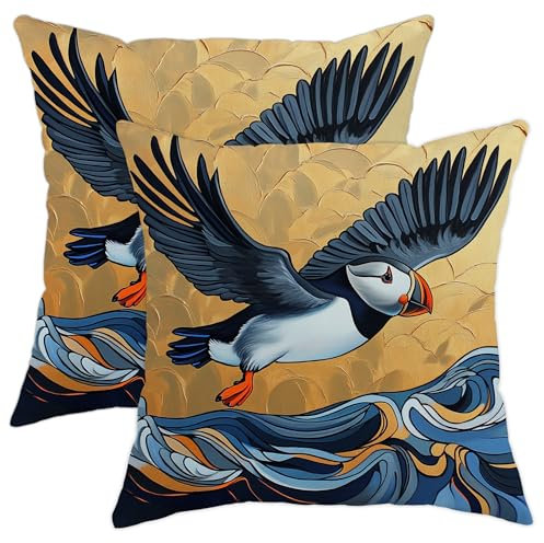 Vogel-Kissenbezüge, 40,6 x 40,6 cm, lebhaftes Blau und Gold, dekorative Zierkissen, Küstenmotiv, Heimdekoration für Wohnzimmer, Sofa, Bett, Couch, 2 Stück