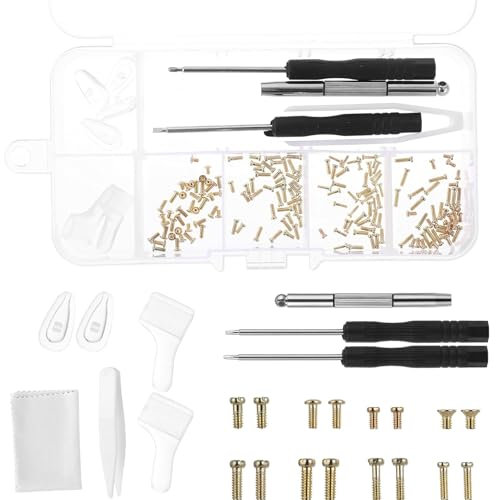 150Pcs Glasses Repair Kit with Screws and Screwdriver,Gold Metal Glasses Sunglasses Screws Spectacle Eyeglass Repair Kits,Tool Set with Nose Pads Ear Grips Tweezer for Myopia Eyeglasses Sunglass Watch