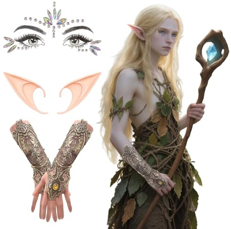 SSKHE 3 Pièces Oreilles D'Elfes, Renaissance Elfe Costume Accessoires, Costume d'elfe Gants, Stickers Visage,Lutin Oreilles Pointues,Elfe Oreille Costume, pour Halloween, Noël,Jeu de rôle