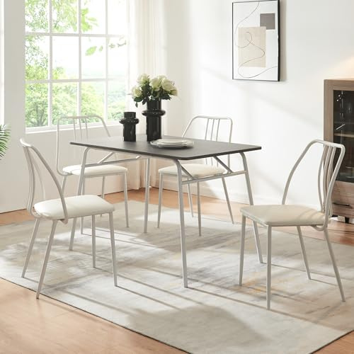 [en.casa] Esstisch mit 4 Stühlen Omso Küchentisch 110 x 70 cm Esszimmertisch rechteckig gepolsterte Esszimmerstühle Kunstleder Essgruppe Metallbeine Grau/Weiß