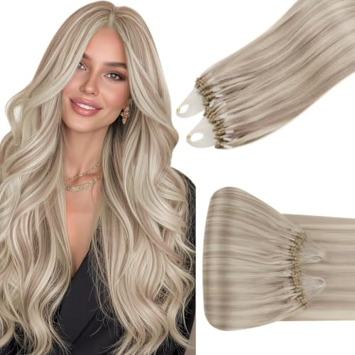 Hetto Microring Extensions Echthaar Blond 35cm 50g #18/613 Silikon-Ringe | Mittelblond & Platinblond Highlights, Remy Haarverlängerung mit Mikroringen,Dauerhafte & Schonende Haarverdichtung für Damen