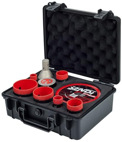 KIT PROFESSIONALE SENDI EXTREME SET, set di punte diamantate e disco Ø125 mm, corone Ø20-68 mm + fresa 20-50 mm + disco scanalato 50 mm, valigetta inclusa, per porcellana ceramica granito piastrelle