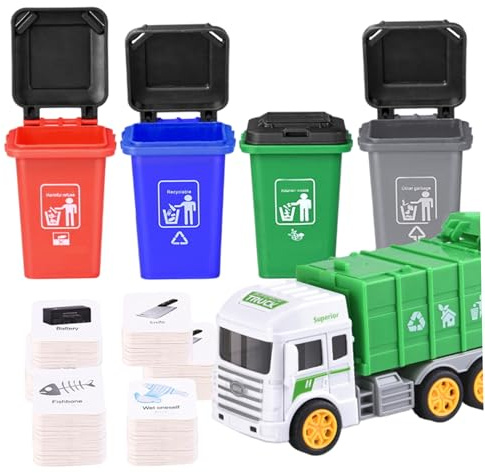 Bemonew Trash Truck Toy, Classification Game Garbage Truck Toys with 4 Rear Loader Trash Cans and Garbage Illustrated Flash Cards, Waste Management Recycling for Kids