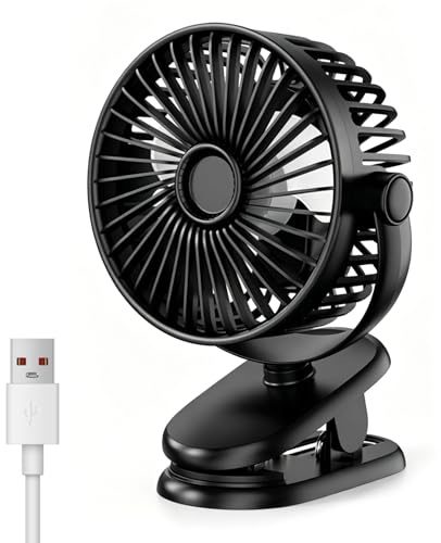 PIuertoRick Mini USB Clip Fan, Clip and Desk Personal Fan with Sturdy Clamp, 720° Rotation, 3 Speeds Cooling Wind by USB Plug In, for Home, Office and Desk