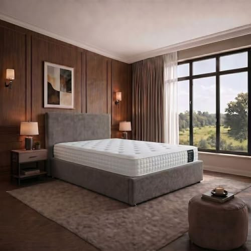 SANA SLEEP Upholstered Bed with Hydraulic Lift, 4FT6 Double Bed Frame with Storage, Functional Ottoman Bed, Sturdy Construction, With Mattress, Grey