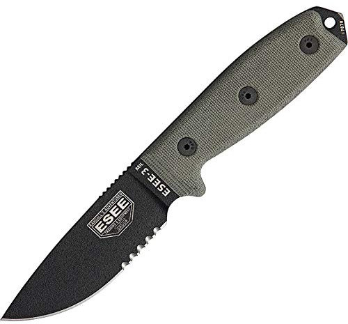 ESEE Messer Model 3MIL mit Einer Klinge aus 1095 High Carbonstahl, partielle Sägezahnung, hellgrüner Micartagriff mit Einer schwarzen Kydexscheide einem Gürtelclip und Nylonhalterung MOLLE-komp.