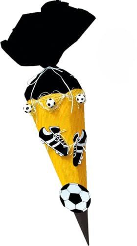 Prell Schultüte Bastelset Fußball gelb-schwarz - Zuckertüte - aus 3D Wellpappe, 68cm hoch, mit vorgedruckten Motiven und Netz