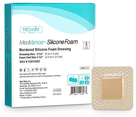 MedVanceTM Silicone - Bordered Silicone Adhesive Foam Dressing Size 5 cm x 5 cm (2.5 cm x 2.5 cm Pad), Box of 5 dressings