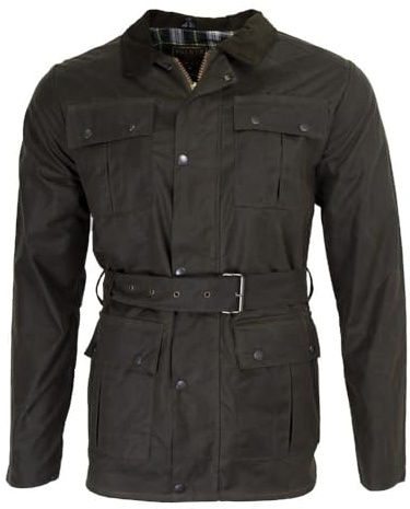 Walker and Hawkes - Grafton - Chaqueta de Estilo Motociclista para Hombre - Tejido Encerado Impermeable - con cinturón y 4 Bolsillos - Verde Oliva - 3XL
