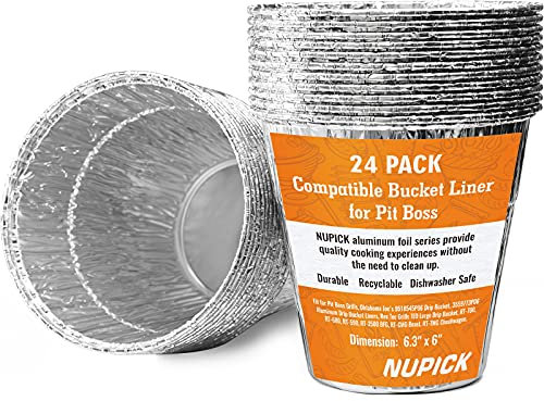 NUPICK 24 Stück Fetteimer-Auskleidung, kompatibel mit Pit Boss Grills 67292 Folie, Oklahoma Joe's 9518545P06, Z Grilleimer, Recteq großer Eimer usw., 16 x 15,2 cm, Einweg-Aluminium