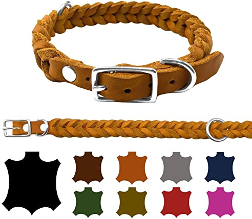 Hundehalsband Fettleder kleine Hunde/große Hunde verstellbar handgeflochten Made IN Germany (M 37cm-43cm Breite:20mm, Cognac)