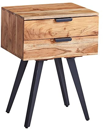 möbelando Nachtkonsole 47 x 65 x 35 cm Akazie Massivholz Nachttisch Boxspringbett | Nachtkästchen 2 Schubladen | Nachtschrank Modern mit Metallbeinen | Nachtkommode Massiv