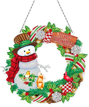 NSXIN 5D Diamond Painting Weihnachten Deko, DIY Diamant Malerei Bilder Kit Weihnachtskranz mit LED-Licht, Handwerk Applique Mosaik für Haustür Wand Fenster Weihnachtsdekor (A12)