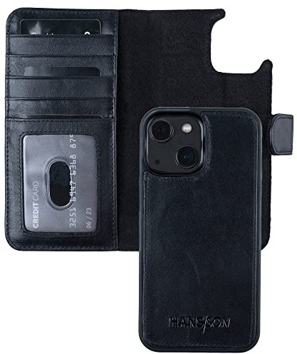HANS/SON Handyhülle aus Echtleder kompatibel mit iPhone 13, Schwarz, Lederhülle mit Kartenfächern, abnehmbarem Case und MagSafe