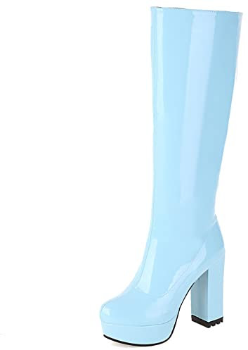 Joliss Donna Tacco A Blocco Stivali Alti Donna Punta Rotonda Stivali Alti Donna Plateau Zip Stivali Alti Blu Numero 43 EU/45Cn