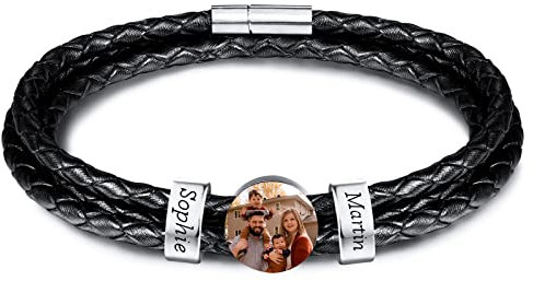 INBLUE Personalisierte Namen Armbänder Herren Gravur Lederarmband Edelstahl Silberne Perlen Anhänger Schmuck Geschenke für Männer Papa Familie Damen (Silber, Runde 2 Perle)