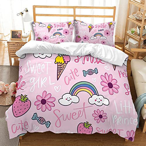 huitutu Candy Strawberry Bettwäsche-Set 135x200cm Bunte Eiscreme Erdbeere Süßigkeiten Muster Mikrofaser Bettbezug Mädchen Kinder rosa Bettwäsche und 1 Kissenbezug 80x80cm