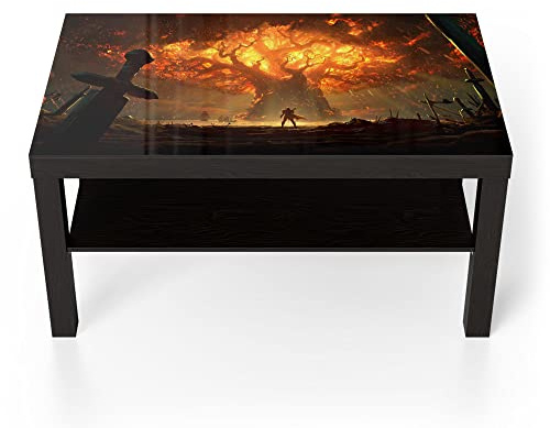 DEQORI Glastisch | schwarz groß 90x50 cm | Motiv Brennender Weltenbaum WoW | ausgefallener Beistelltisch aus Glas | Hochglanz Couchtisch fürs Wohnzimmer | moderner Couch Tisch mit Design