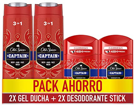Old Spice Captain Desodorante En Barra 2x50ml + Gel Y Champú Para Hombres, 3 En 1 2x400ml
