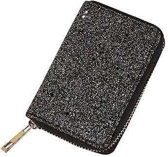 Porte-Cartes de crédit en Cuir synthétique pailleté avec Fermeture éclair - Porte-Cartes d'identité - pour Femmes et Filles - Noir