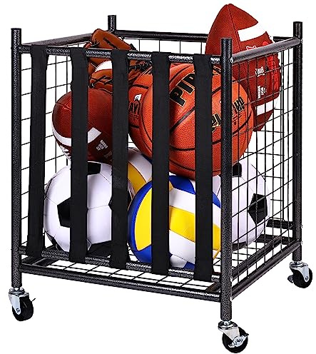 Signature Fitness Garage Sports Equipment Organizer, Garage Ball Storage, Sports Gear Storage, Garage Organizer with Baskets and Hooks, Rolling Sports Ball Storage Cart, Black, Steel