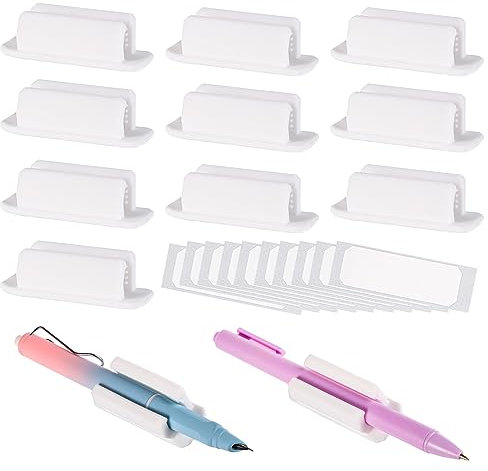 TOYMIS 10 Stück Selbstklebender Stifthalter mit 10 Zusätzlichen Selbstklebenden Aufklebern, Silikon Stifthalter Set Markierungshalter für Schreibtisch und Andere Flache Oberflächen (Weiss)