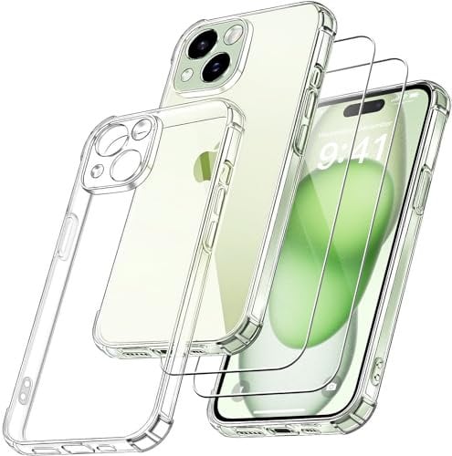 YisrLery 3 in 1 Camera Cover Compatible with iPhone 15 Case and 2 Pack Tempered Glass Screen Protector, Slim Soft TPU Shockproof Anti-Scratch iPhone 15 Phone Case Cover Silicone - Clear