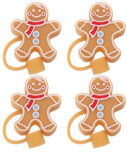 HEMOTON Christmas Straw Cover 4pcs Straw Stopper Gingerbread Man Shaped Straw Tip Covers Straw Cap Reusable Drinking Straw Toppers Silicone Plugs for 8mm Straws