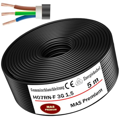 MAS Premium Câble d'Alimentation en Caoutchouc H07RN-F - 5 à 100 m - 3G 1, 1,5, 2,5, 4, 6, 10 ou 3 x 1,5 - Câble Flexible pour Appareils Lourds (H07RN-F 3G1,5 mm², 5 m)