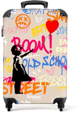 NoBoringSuitcases© Handgepäck Koffer, Reisekoffer, Reisetasche mit Rollen, | 55x40x20 cm - TSA Schloss, Hartschalenkoffer, Trolley Handgepäck, 55x40x20, (Graffiti - Beige)