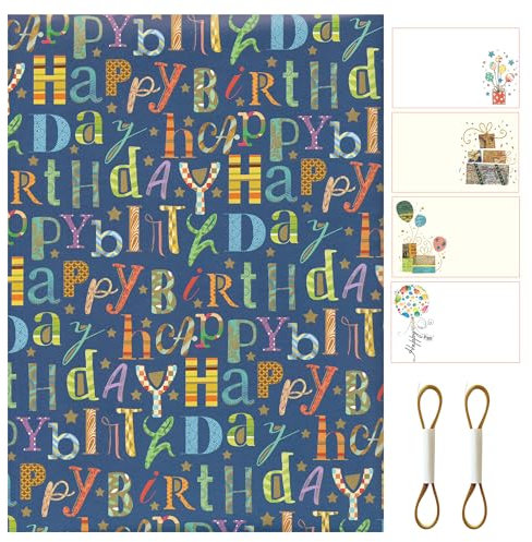 ARKRAFT Geschenkpapier-Set 4 Bögen Format 90 x 65 cm 4 Grußkarte 2 x 5 m Band (Set 18-9313)