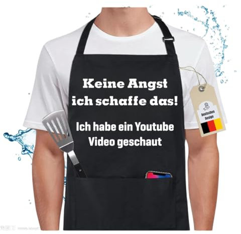 Kochschürze Damen & Herren | Geschenkidee | Verstellbar & Wasserabweisend mit 2 Taschen | Keine Angst ich schaffe das - ich habe ein Youtube Video geschaut | lustige Schürze