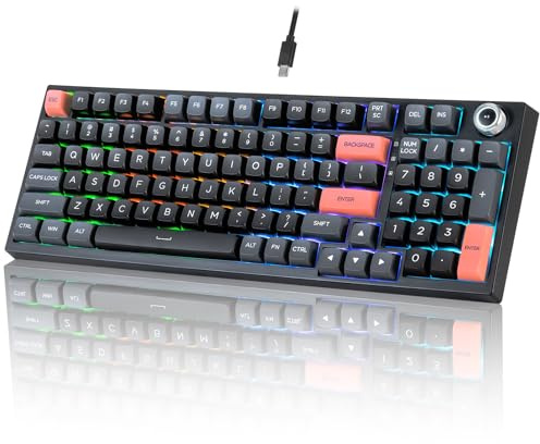 CHONCHOW Wired Mechanical Gaming Keyboard, 98 Keys LED Backlit Gaming Keyboard, 96% Hot Swappable Custom with Dedicated Volume Knob Control, Pre-lubed Blue Switch (Black)