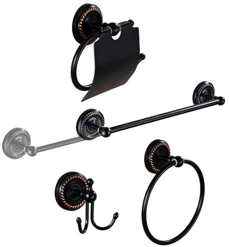 4-teiliges Badezimmer-Zubehör-Set schwarz – inklusive verstellbarem Handtuchhalterhalter, Toilettenpapierhalter, Handtuchhaken, Handtuchring, Wandmontage, ölgeriebenes Bronze,