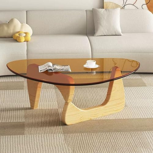 XMLYSMYS Triangle Glass Coffee Table, Mid-Century Modern End Table with Wood Base, Sofa Side Table, Center Table for Living Room Balcony(Yellow,83x57x40cm)