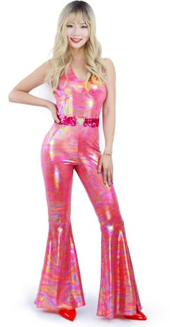 Muztagata Disco-Outfit, 70er-/80er-Jahre-Stil, glitzernd, ausgestellter Overall, Party-Kostüm, Halloween, Cosplay, für Erwachsene, Damen, Größe M