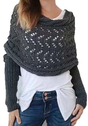 WUODHTW Damen Strickschal mit Zopfmuster, gehäkelt, mit Ärmeln, Multifunktionstuch mit Ärmeln, Schal