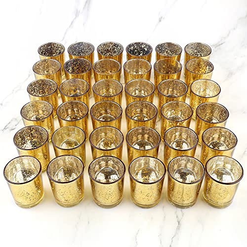 BTGLLAS Lot de 36 photophores en verre transparent pour mariages, événements – Bougies votives en verre pour centres de table de mariage, Noël, Thanksgiving – Accessoires de décoration (doré – 36