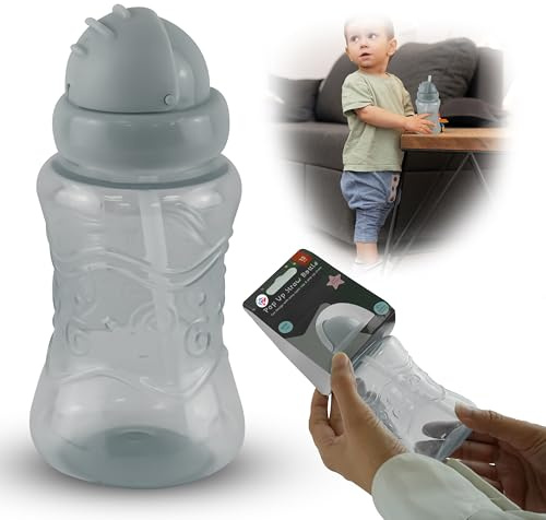 Grey Baby Sippy Cup for Toddlers with Weighted Straw 300ml - Baby Water Bottle with Fun Design, BPA Free, Non-Spill Cup for Babies and Toddlers 12+ Months
