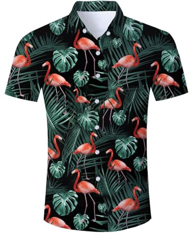 Belovecol Chemise hawaïenne pour Hommes Flamant Rose Chemise hawaïenne Hommes Palmier Chemise hawaïenne Manches Chemises boutonnées Chemises