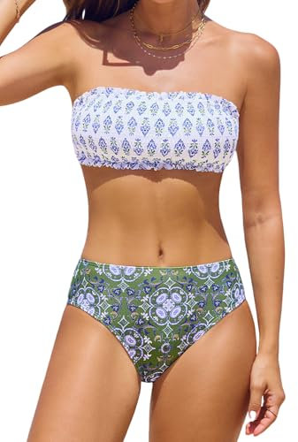 CUPSHE Bikini da donna, due pezzi, costume da bagno a fascia con laccetto posteriore a vita media e spalline rimovibili, Bianco/Verde Oliva Scuro, L