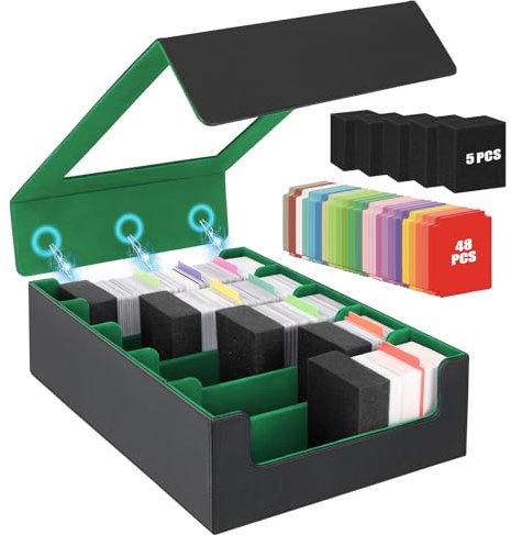 AOBOPLE Karten Box für 3900+ Karten,5 Reihen Sammelkarten-Aufbewahrungsboxen mit 48 Kartenteilern,Magnetische PU Leder Sammelkarten Box Deck Box für TCG,MTG,Sports Karten (Schwarz Grün)
