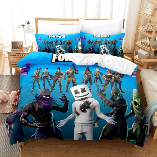 Zifarm Spiele Gaming Bettwäsche 155x220 Spieler Fortnite Bettbezug mit Reißverschluss Schließung Bettbezug Set 3 Teilig schwarz, weiß, blau Gamer Bettwäsche Set Weich Mikrofaserbettwäsche
