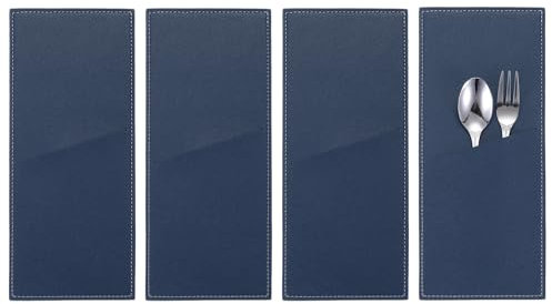 QUARKZMAN 4 Fundas de Cuero para Cubiertos Porta Cubiertos Cuchillo y Tenedor Bolsa Bolsillo de Almacenamiento de Cubiertos para Mesa de Cena Decoración de Cocina en Casa, Azul Oscuro