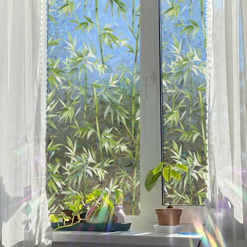 Runtoo Fenster-Sichtschutzfolie, Regenbogen-Bambus-Fensteraufkleber, 3D-Dekoratives Vinyl, Buntglas, grüne Pflanzen, Aufkleber, statischer Aufkleber, nicht klebend, 40 x 101,6 cm